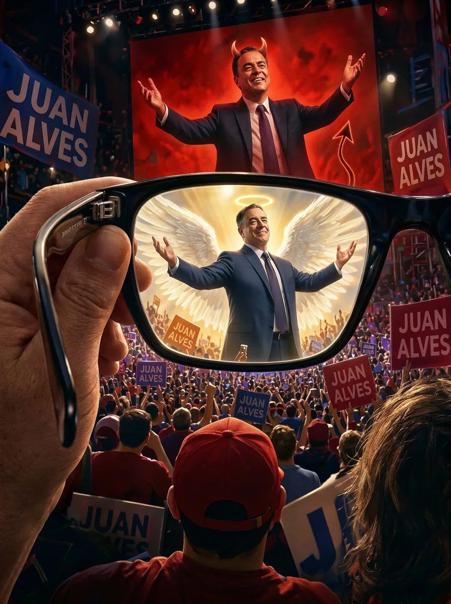 Campanha política vista através de óculos que transformam o candidato em uma figura angelical