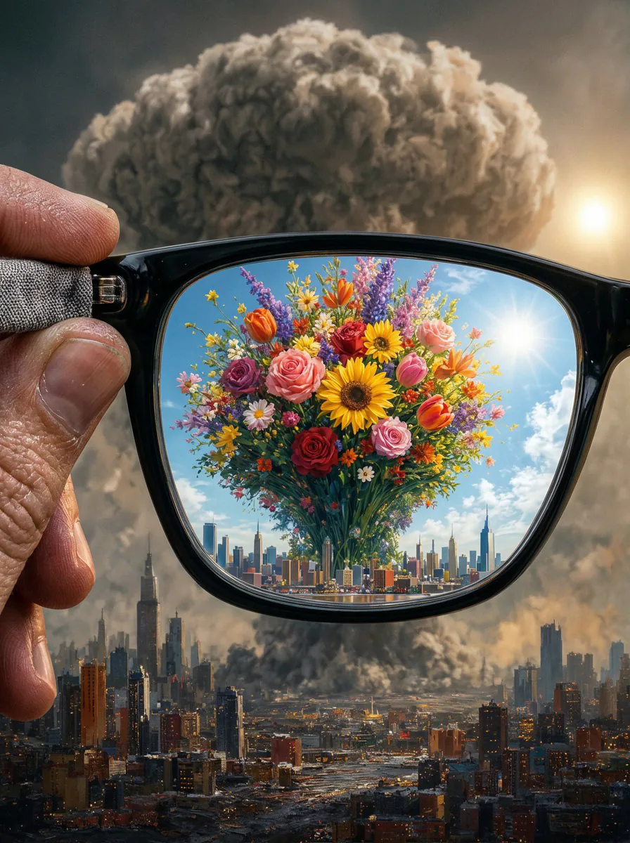 Flores e uma cidade luminosa vistas através de óculos diante de uma paisagem destruída