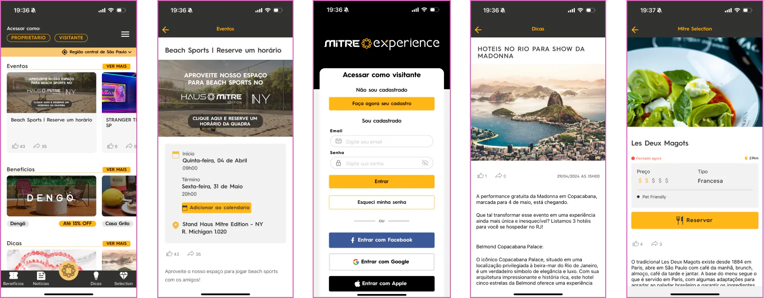 Telas redesenhadas do aplicativo Mitre Experience